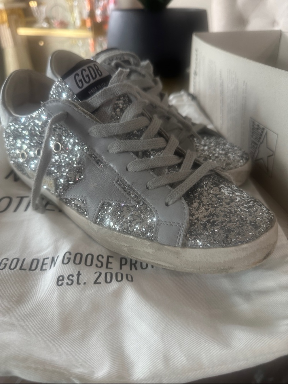 Golden Goose Silver Glitter Low-Top Sneakers Size 39 Worn Once!